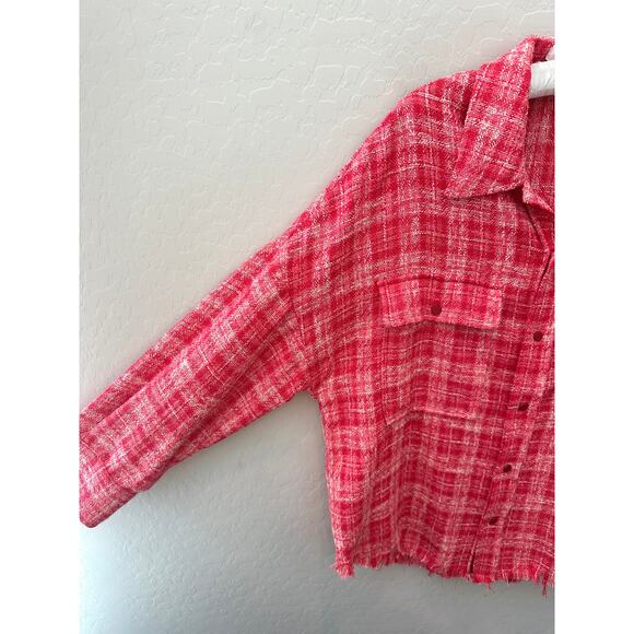 ZARA | Pink Plaid Tweed Preppy Button-Up Oversized Shacket | XL - Picture 3 of 6